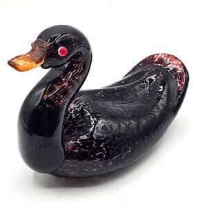 Murano Style Art Glass Black Swan Figurine - Vintage Purple Flecked Paperweight